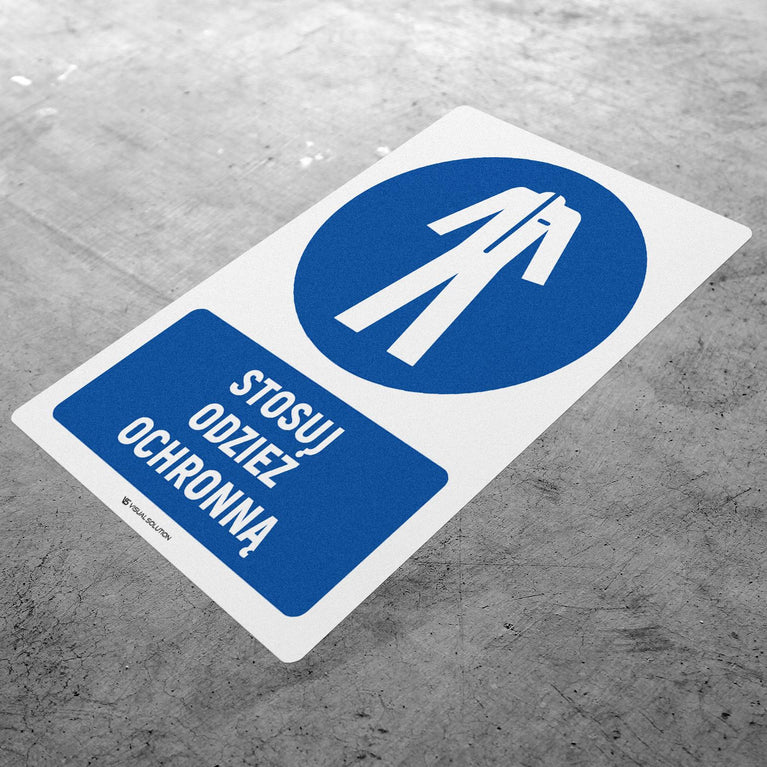 Naklejka podłogowa BHP: Nakaz stosowania odzieży ochronnej z opisem.