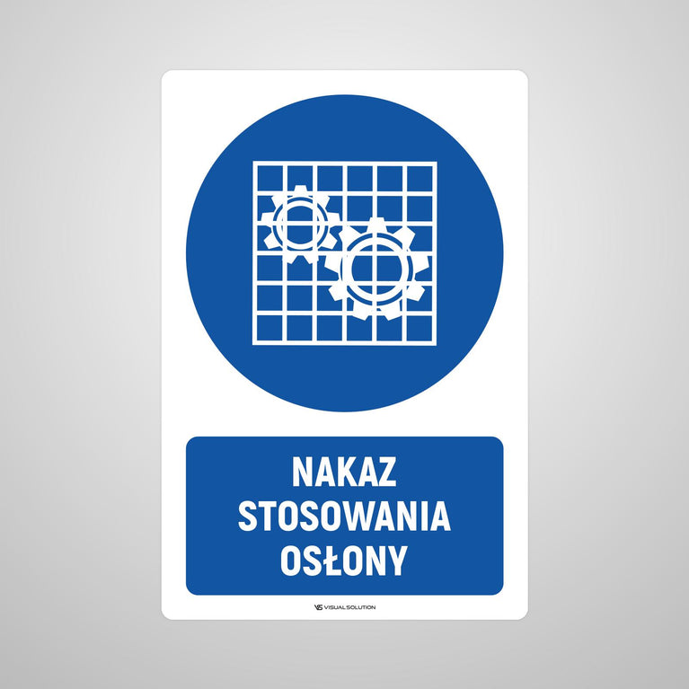 Naklejka podłogowa BHP: Nakaz stosowania osłony z opisem.