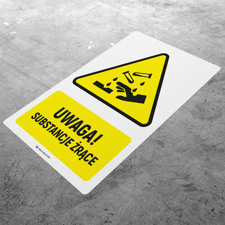 Naklejka Podłogowa BHP: ostrzegająca przed substancjami żrącymi Z Opisem | GDW023.