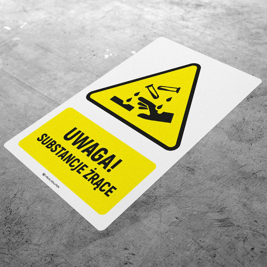Naklejka Podłogowa BHP: ostrzegająca przed substancjami żrącymi Z Opisem | GDW023.