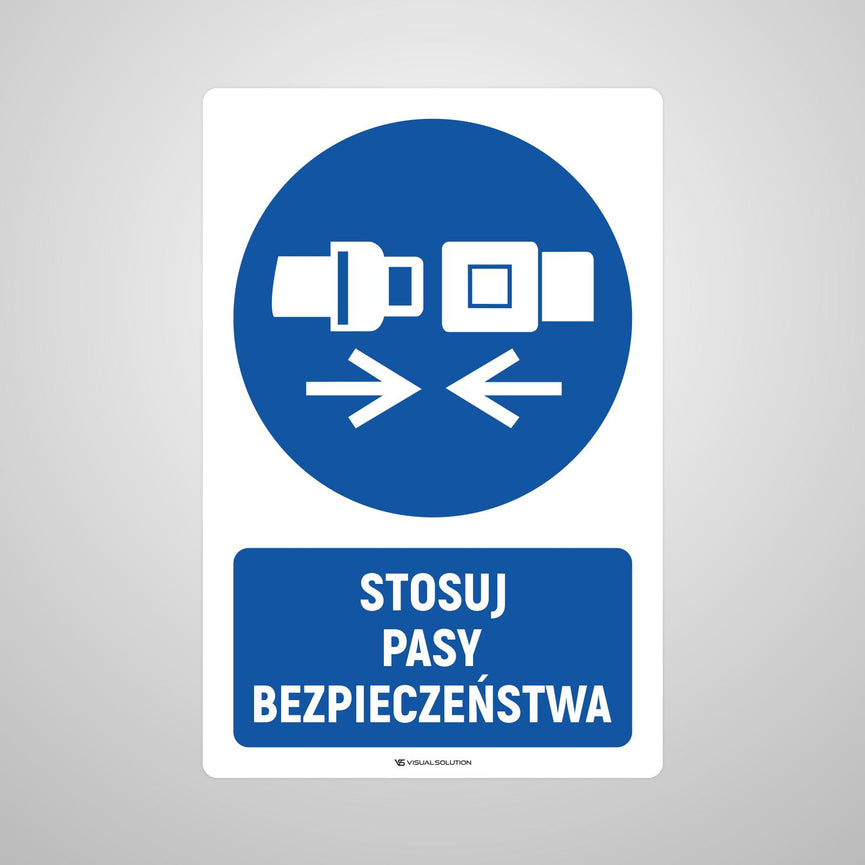 Naklejka podłogowa BHP: Nakaz stosowania pasów bezpieczeństwa z opisem.