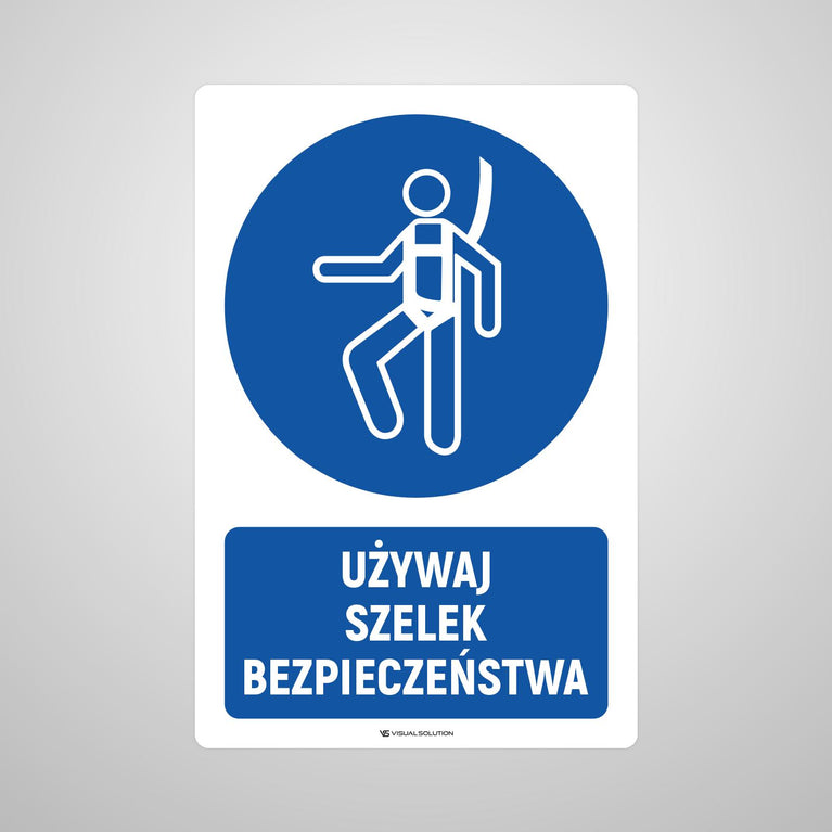 Naklejka podłogowa BHP: Nakaz używania szelek bezpieczeństwa z opisem.