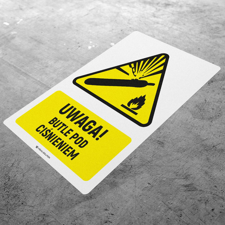 Naklejka Podłogowa BHP: ostrzegająca przed butlami pod ciśnieniem Z Opisem | GDW029.