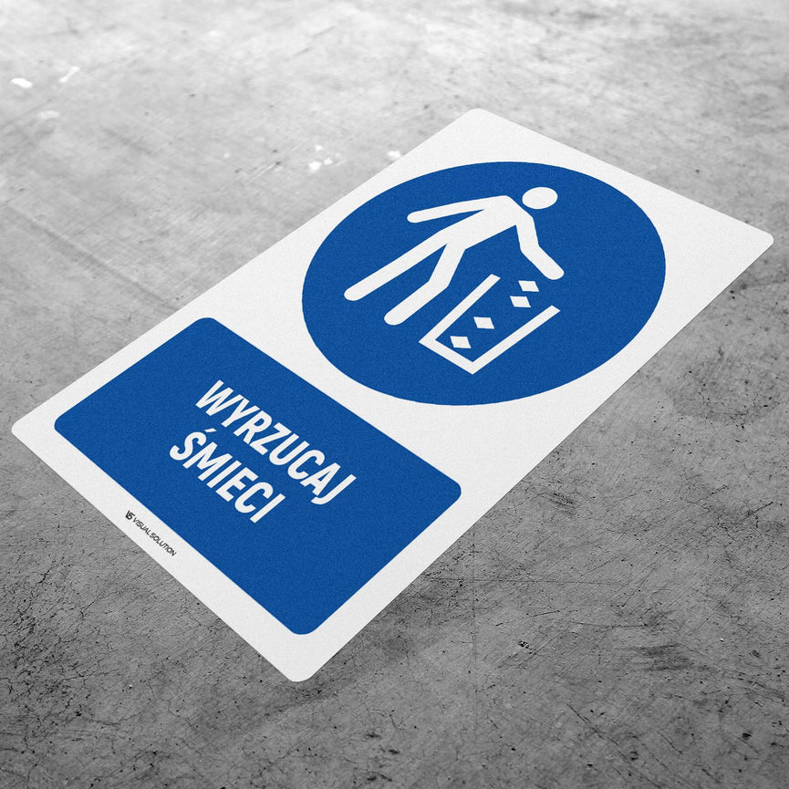 Naklejka podłogowa BHP: Nakaz wyrzucania śmieci z opisem.