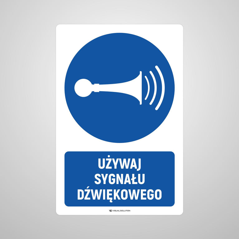 Naklejka podłogowa BHP: Nakaz używania sygnału dźwiękowego z opisem.