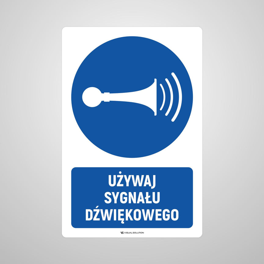 Naklejka podłogowa BHP: Nakaz używania sygnału dźwiękowego z opisem.
