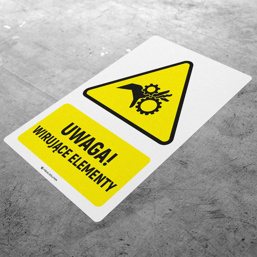 Naklejka Podłogowa BHP: ostrzegająca przed wirującymi elementami Z Opisem | GE014.