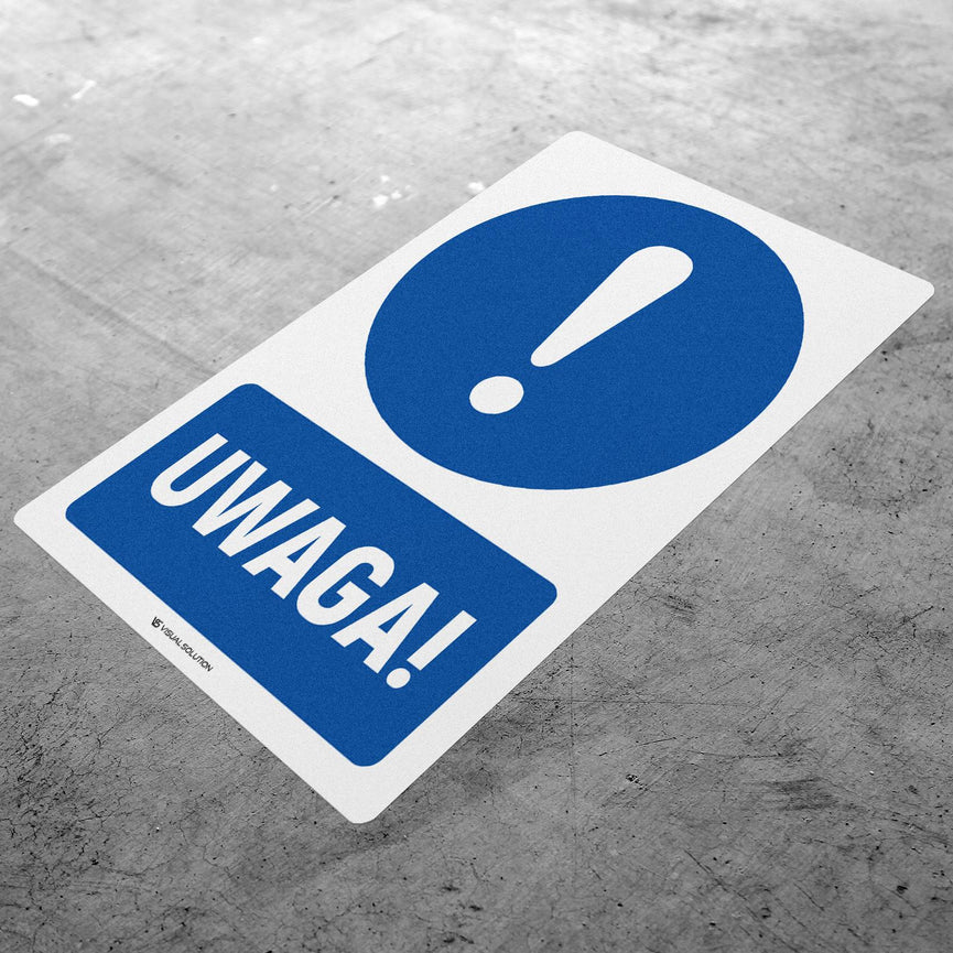 Naklejka podłogowa BHP: Uwaga z opisem.