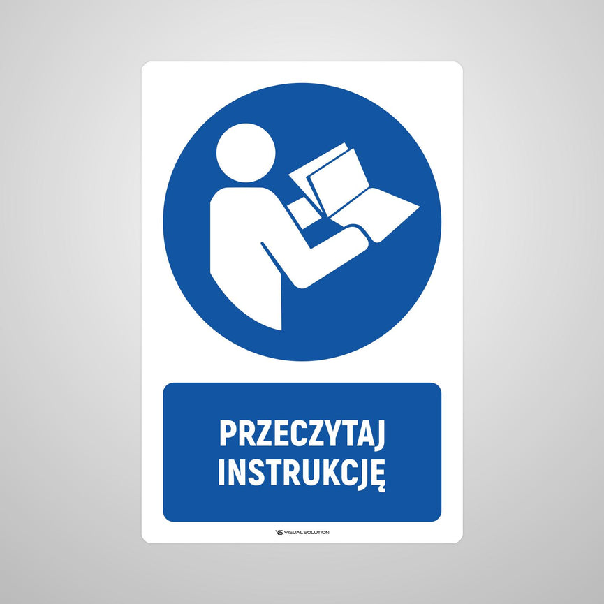 Naklejka podłogowa BHP: Nakaz przeczytania instrukcji z opisem.