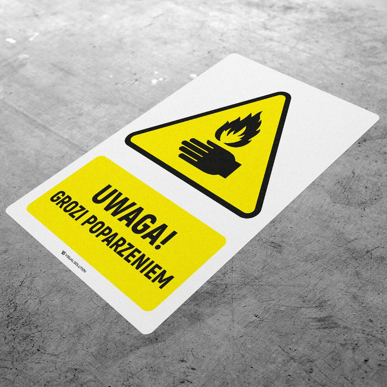 Naklejka Podłogowa BHP: ostrzegawcza przed zagrożeniem poparzeniem Z Opisem.