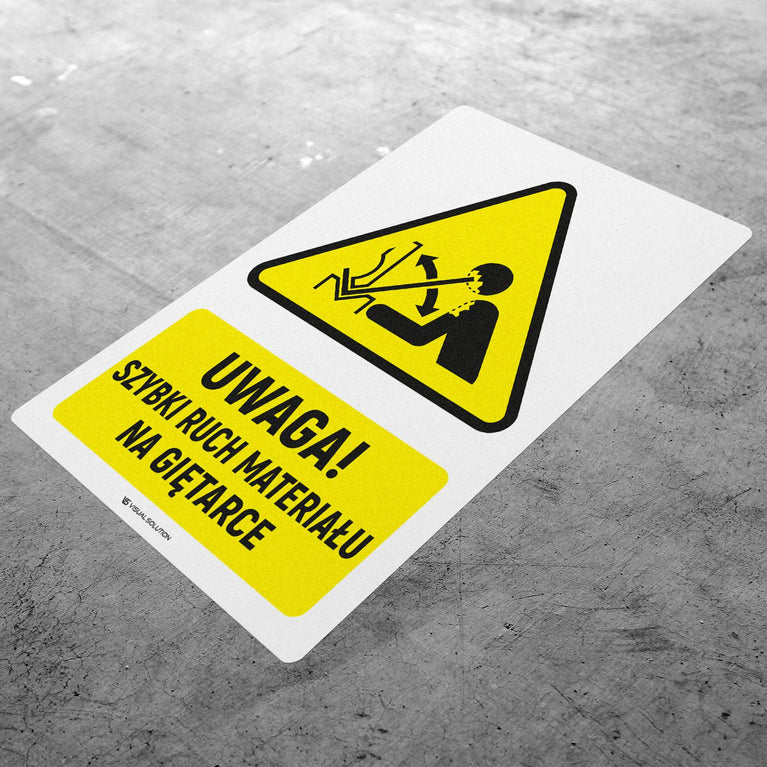 Naklejka Podłogowa BHP: ostrzegawcza dotycząca szybkiego ruchu materiału w giętarce Z Opisem | GDW032.