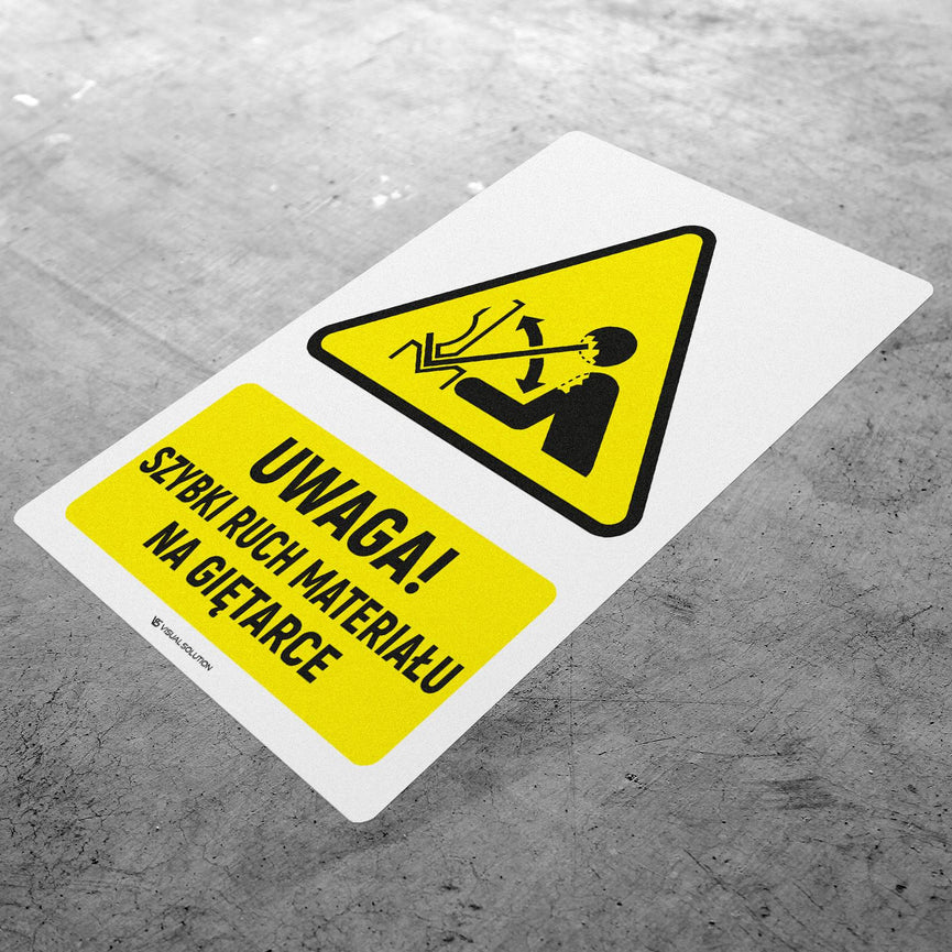 Naklejka Podłogowa BHP: ostrzegawcza dotycząca szybkiego ruchu materiału w giętarce Z Opisem | GDW032.