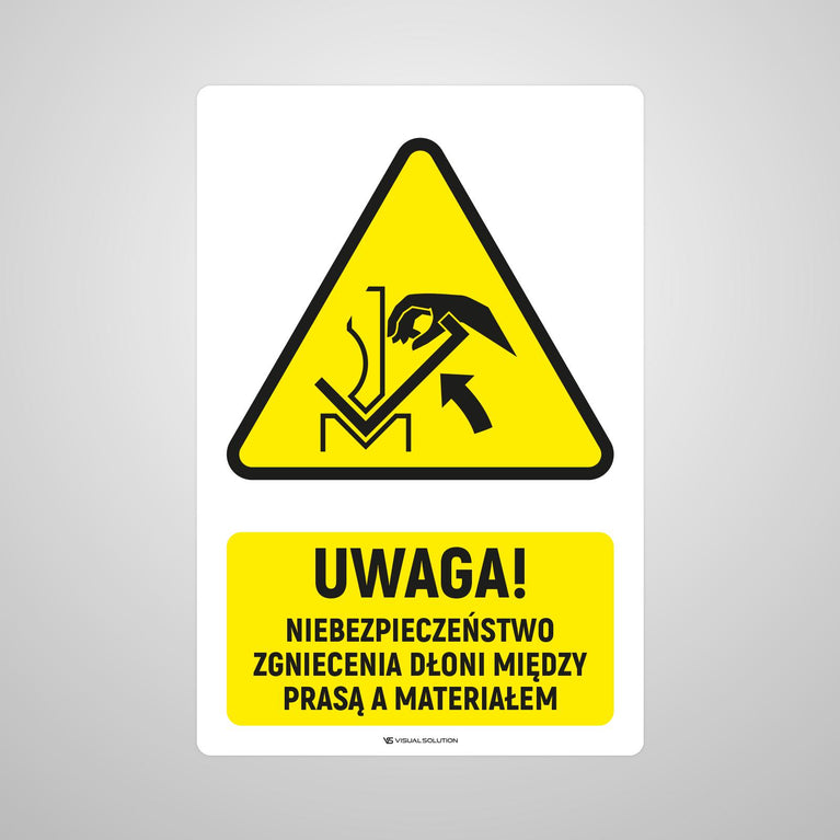 Naklejka Podłogowa BHP: ostrzegawcza informująca o niebezpieczeństwie zgniecenia dłoni między prasą a materiałem Z Opisem | GDW031.