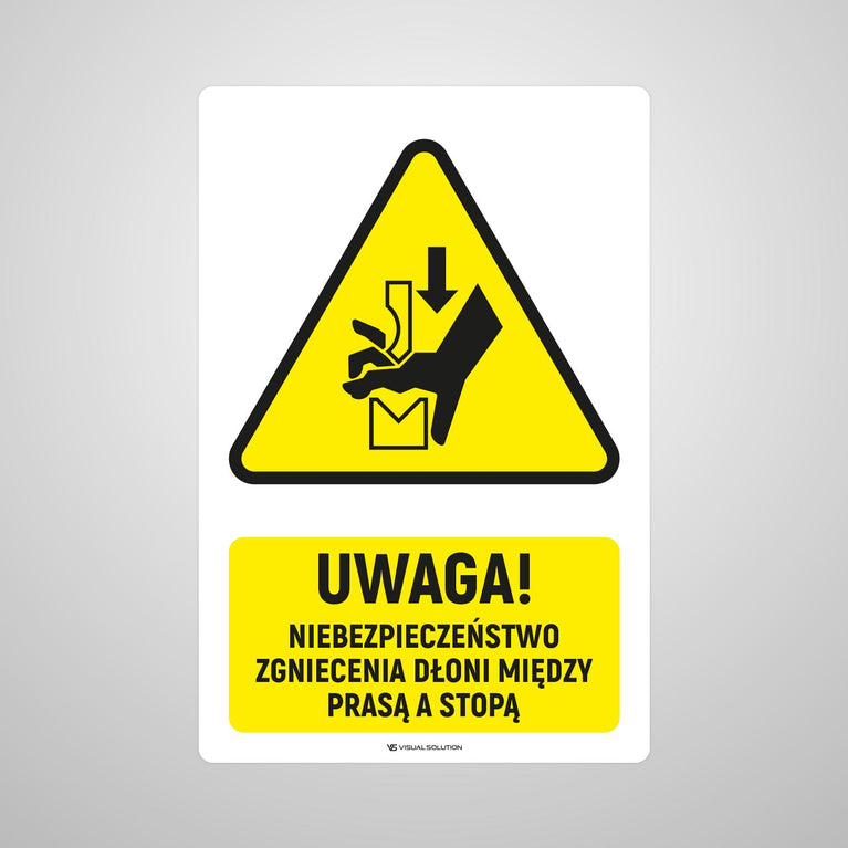 Naklejka Podłogowa BHP: ostrzegawcza dotycząca niebezpieczeństwa zgniecenia dłoni między prasą a stopą Z Opisem  | GDW030.