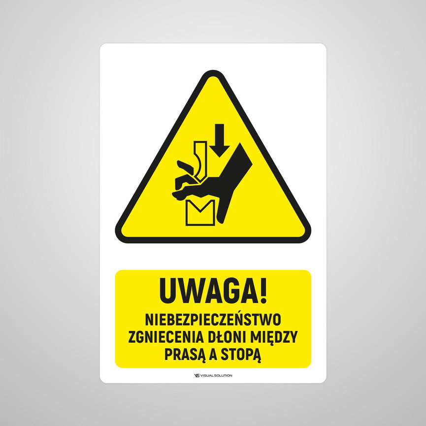 Naklejka Podłogowa BHP: ostrzegawcza dotycząca niebezpieczeństwa zgniecenia dłoni między prasą a stopą Z Opisem  | GDW030.