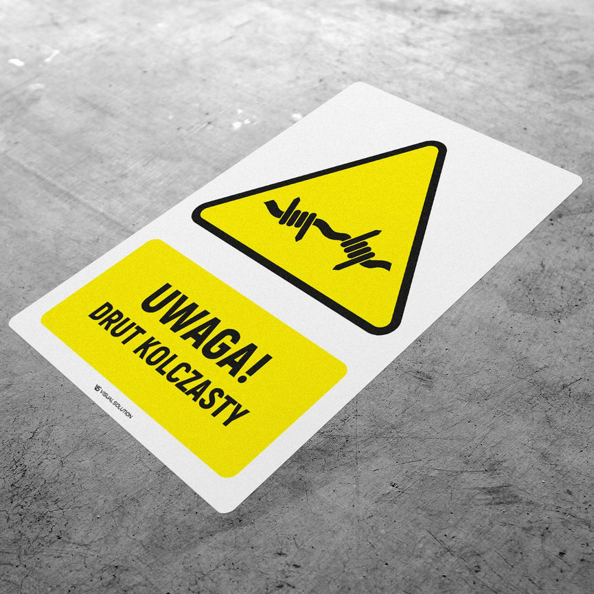 Naklejka Podłogowa BHP: ostrzegawcza dotycząca zagrożenia drutem kolczastym Z Opisem | GDW033.