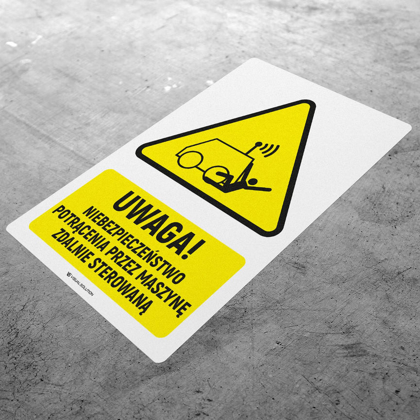 Naklejka Podłogowa BHP: ostrzegawcza informująca o zagrożeniu potrąceniem przez maszynę zdalnie sterowaną Z Opisem | GDW037.