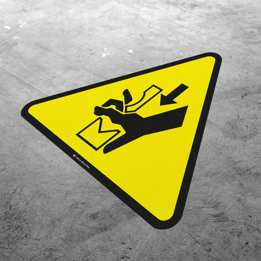 Naklejka ostrzegawcza dotycząca niebezpieczeństwa zgniecenia dłoni między prasą a stopą | GDW030.