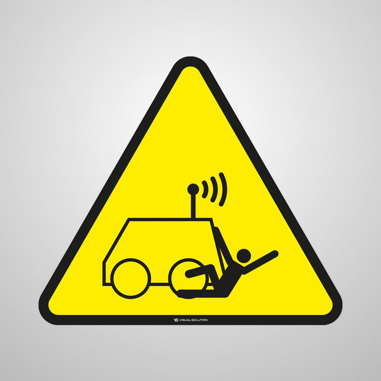 Naklejka ostrzegawcza informująca o zagrożeniu potrąceniem przez maszynę zdalnie sterowaną | GDW037.