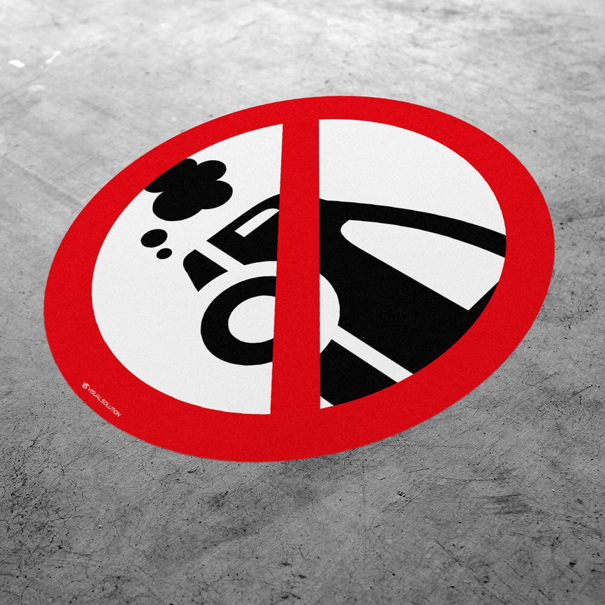 Naklejka Podłogowa BHP: Nie Zostawiać Włączonych Silników Spalinowych