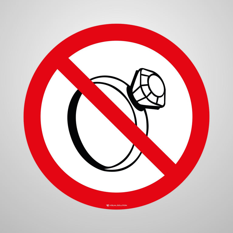 Naklejka Podłogowa BHP: Zakaz Noszenia Biżuterii w Pomieszczeniach Produkcyjnych