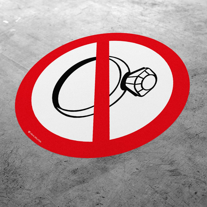 Naklejka Podłogowa BHP: Zakaz Noszenia Biżuterii w Pomieszczeniach Produkcyjnych