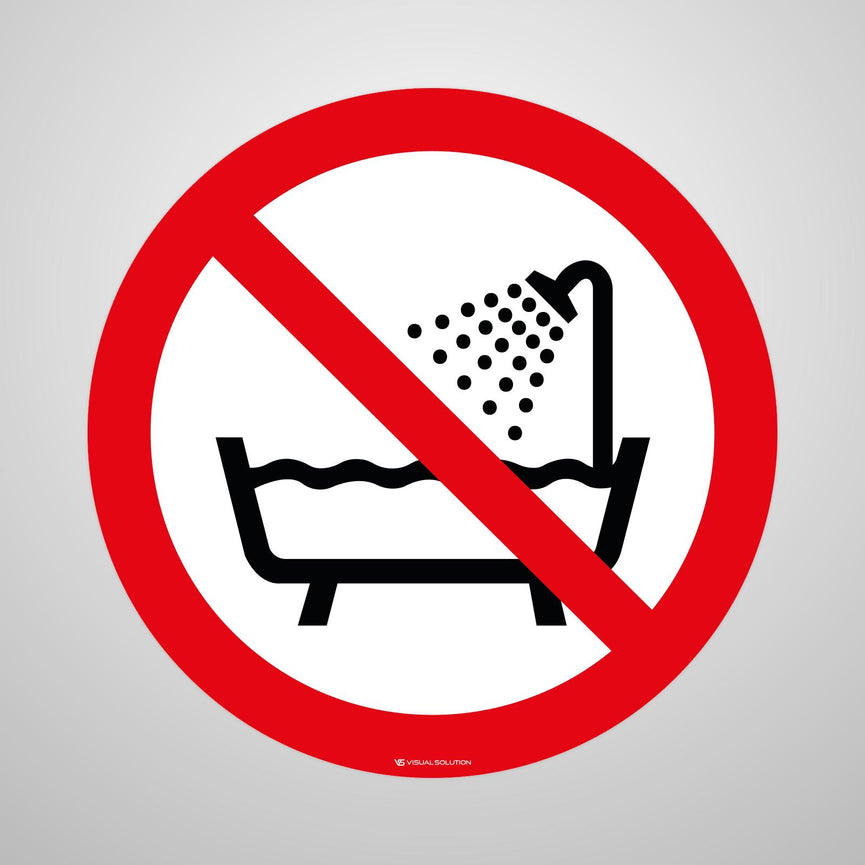 Naklejka Podłogowa BHP: Zakaz Używania Urządzenia w Wannie, Pod Prysznicem i w Zbiornikach Wypełnionych Wodą
