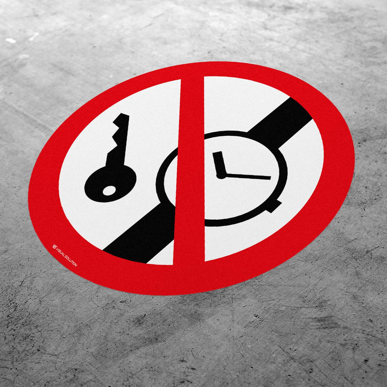 Naklejka Podłogowa BHP: Zakaz Wstępu z Przedmiotami Metalowymi i Zegarkami