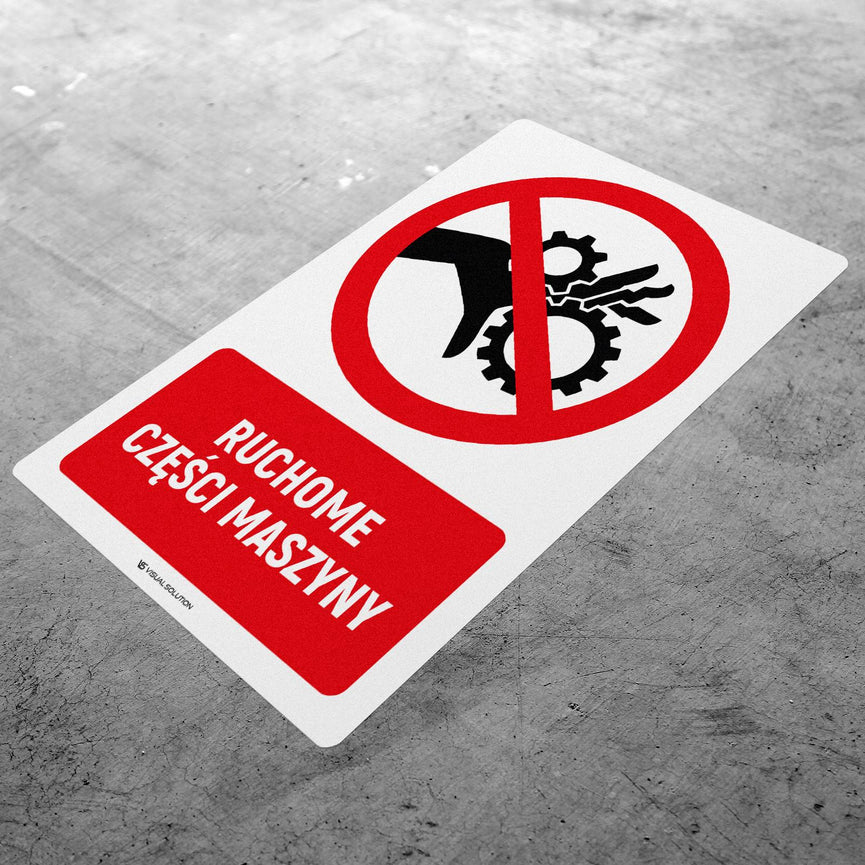 Naklejka Podłogowa BHP: Znak "Ruchome Części Maszyny" z Opisem