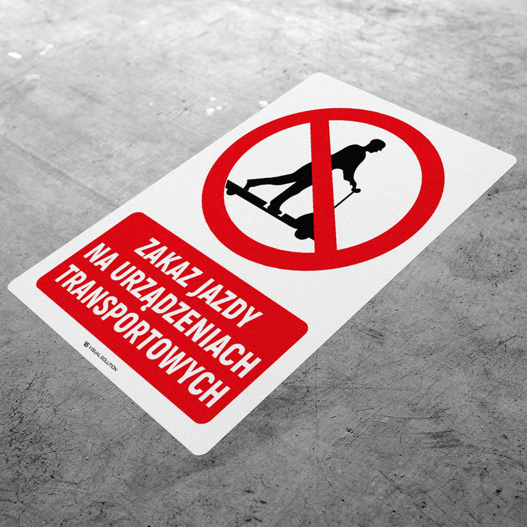 Naklejka Podłogowa BHP: Znak "Zakaz Jazdy na Urządzeniach Transportowych" z Opisem