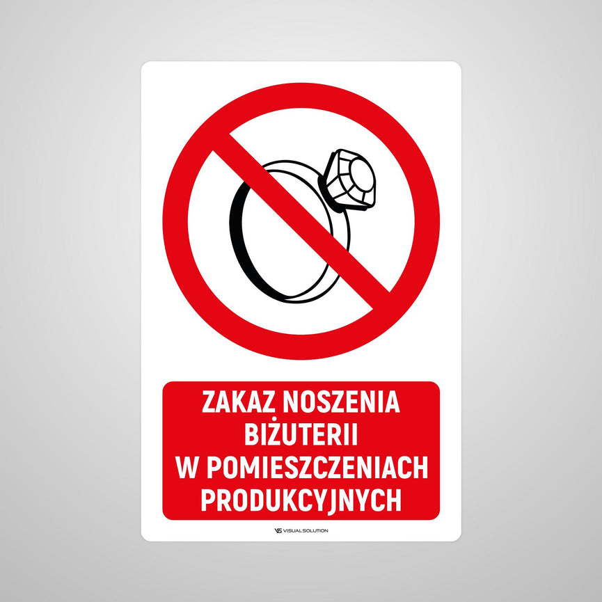 Naklejka Podłogowa BHP: Znak "Zakaz Noszenia Biżuterii w Pomieszczeniach Produkcyjnych" z Opisem