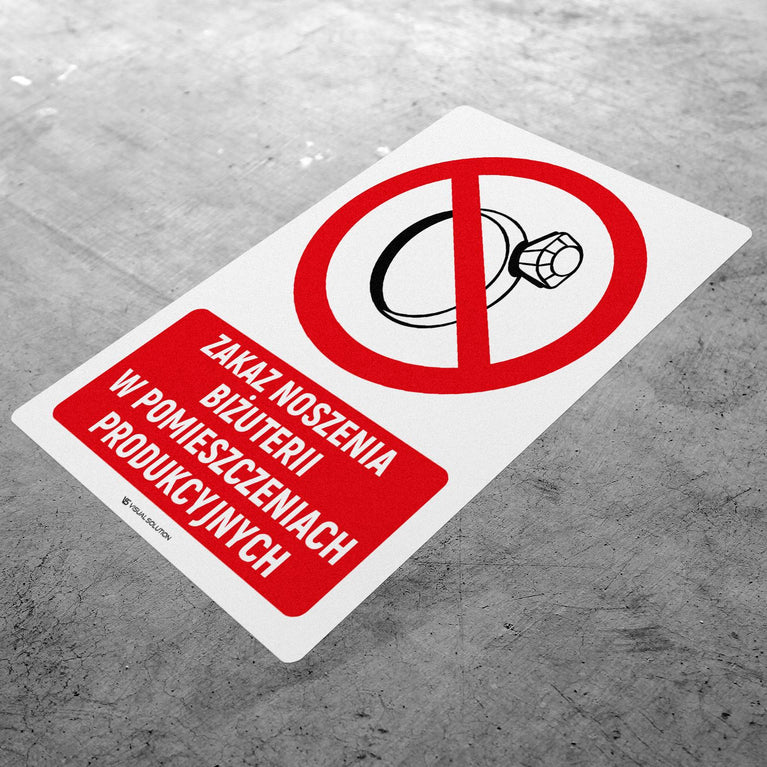Naklejka Podłogowa BHP: Znak "Zakaz Noszenia Biżuterii w Pomieszczeniach Produkcyjnych" z Opisem