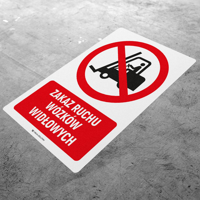 Naklejka Podłogowa BHP: Znak "Zakaz Ruchu Wózków Widłowych" z Opisem