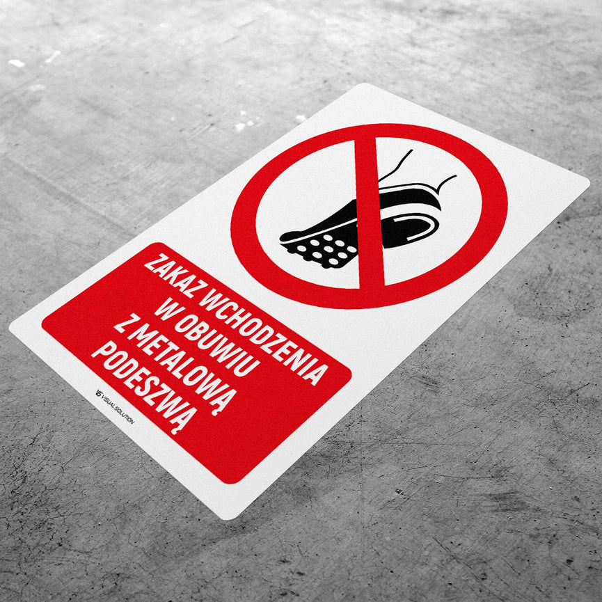 Naklejka Podłogowa BHP: Znak "Zakaz Wchodzenia w Obuwiu z Metalową Podeszwą" z Opisem