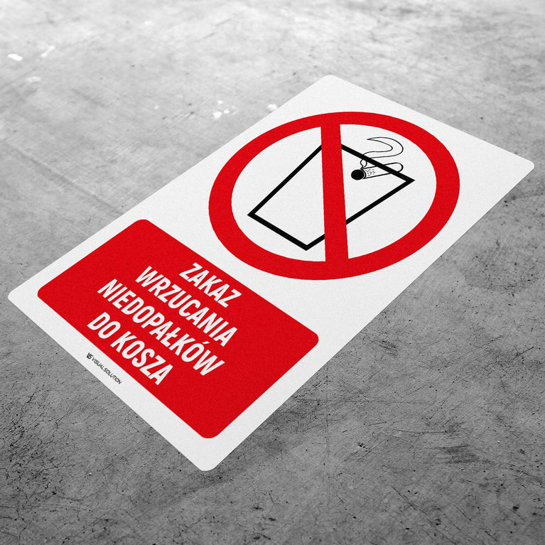 Naklejka Podłogowa BHP: Znak "Zakaz Wrzucania Niedopałków do Kosza" z Opisem