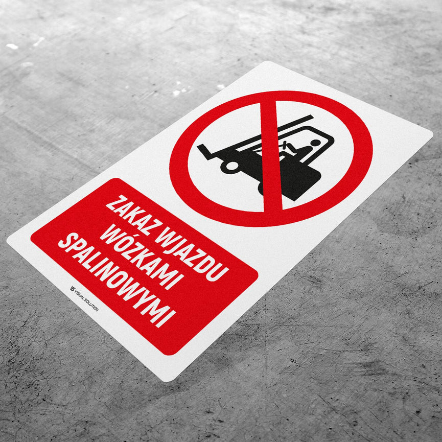 Naklejka Podłogowa BHP: Zakaz wjazdu wózkami spalinowymi z Opisem