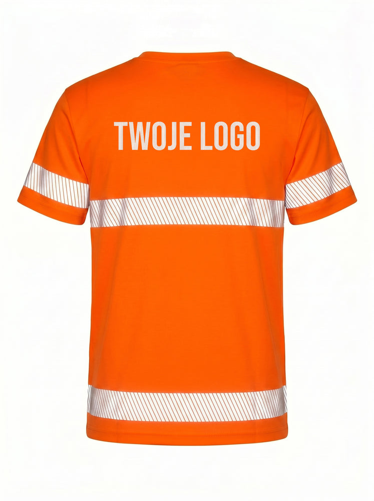 koszulka z krótkim rękawem, odblaskowa BHP, firmowa , LOGO z przodu i tyłu