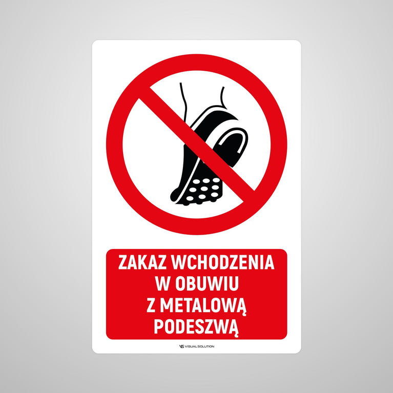 Naklejka Podłogowa BHP: Znak "Zakaz Wchodzenia w Obuwiu z Metalową Podeszwą" z Opisem