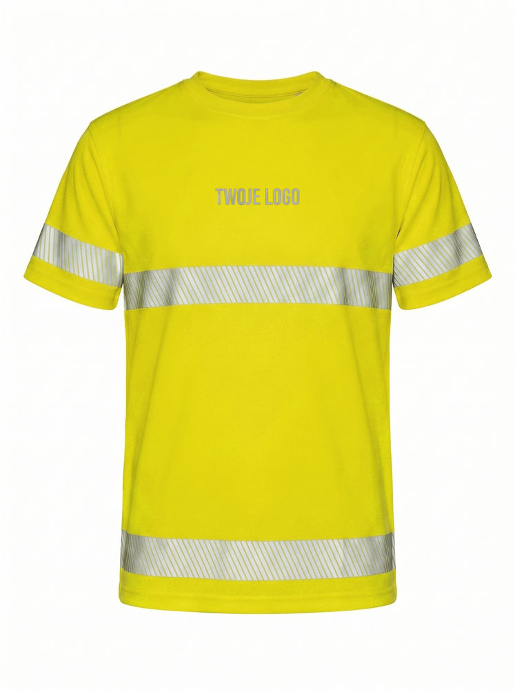 koszulka z krótkim rękawem, odblaskowa BHP, firmowa , LOGO  z przodu i tyłu